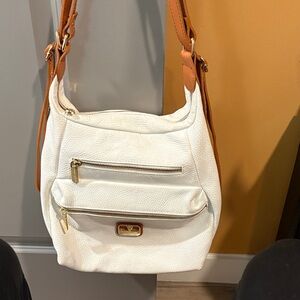 Valentina White Leather Shoulder Bag with Tan Strap